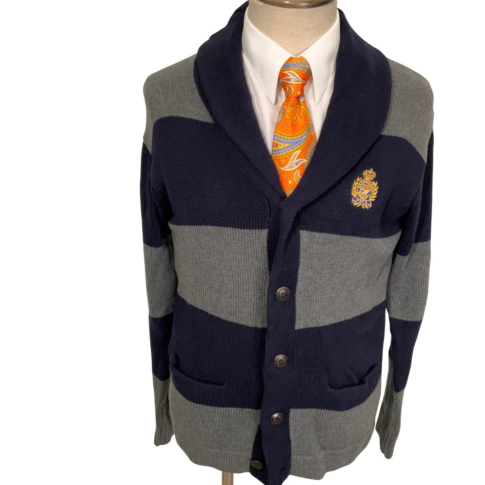 Polo Ralph Lauren Cardigan Mens Medium Navy Gray Stripe Crest Preppy Ivy League